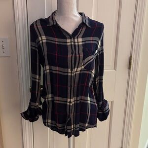 Thread & Supply Navy and Red Plaid Flannel Button-Down Shirt